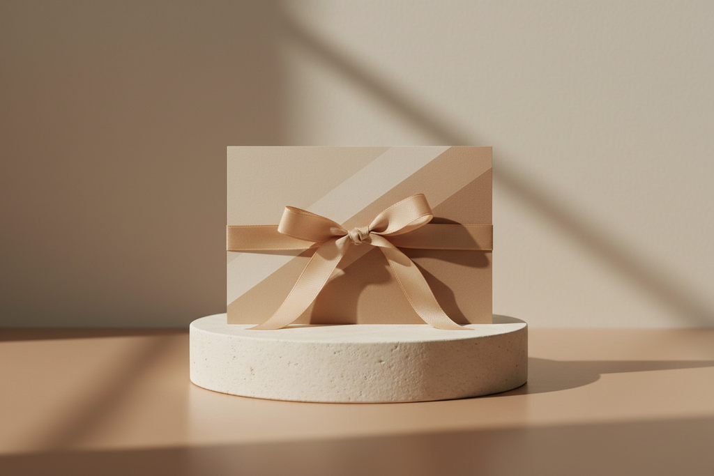 une carte cadeau dans des couleurs nude avec un noeud autour de cette carte. La carte est posée sur une plateforme 